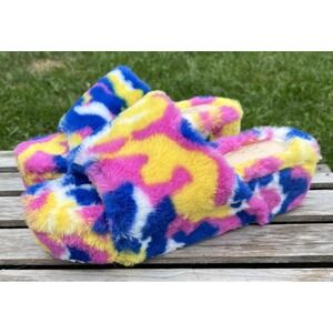 Yoki Shoes Womens Size 10 Multicolor Faux‎ Fur Platform Slide Slippers Eleanor